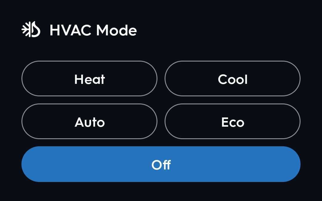 A partial screenshot showing the HVAC Mode section of the Controls page, it shows options for Auto, Heat, Cool, Eco and Off.