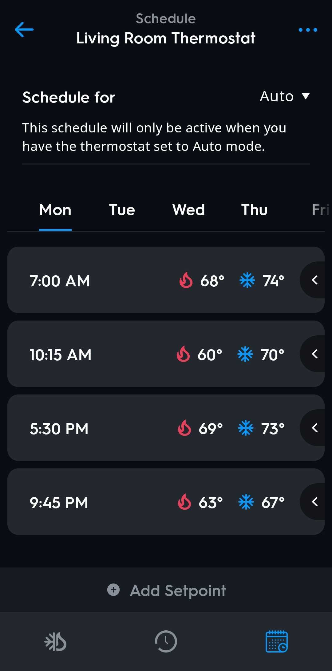 A screenshot of the thermostat's schedule page. Shown is an automatic schedule for Monday with various setpoints.