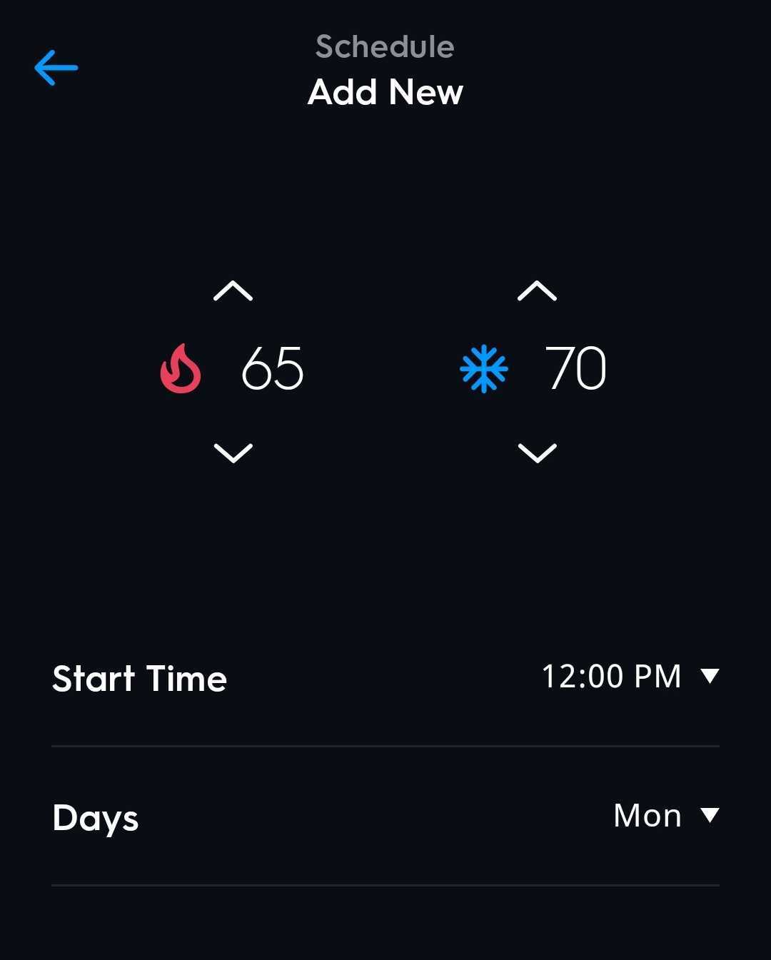A partial screenshot of the Add New Setpoint page. There are options to choose a heat point, cool point, start time and days.