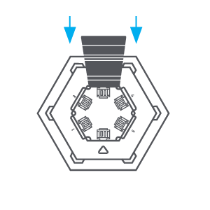 An illustration showing the correct position of the remover tool on a hexagon panel. The remover tool is parallel with the top edge of the panel. The arrows indicate the user should pull down with the tool to remove the panel from the bracket.
